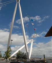Abseiling into position to make adjustments to giant clothes.